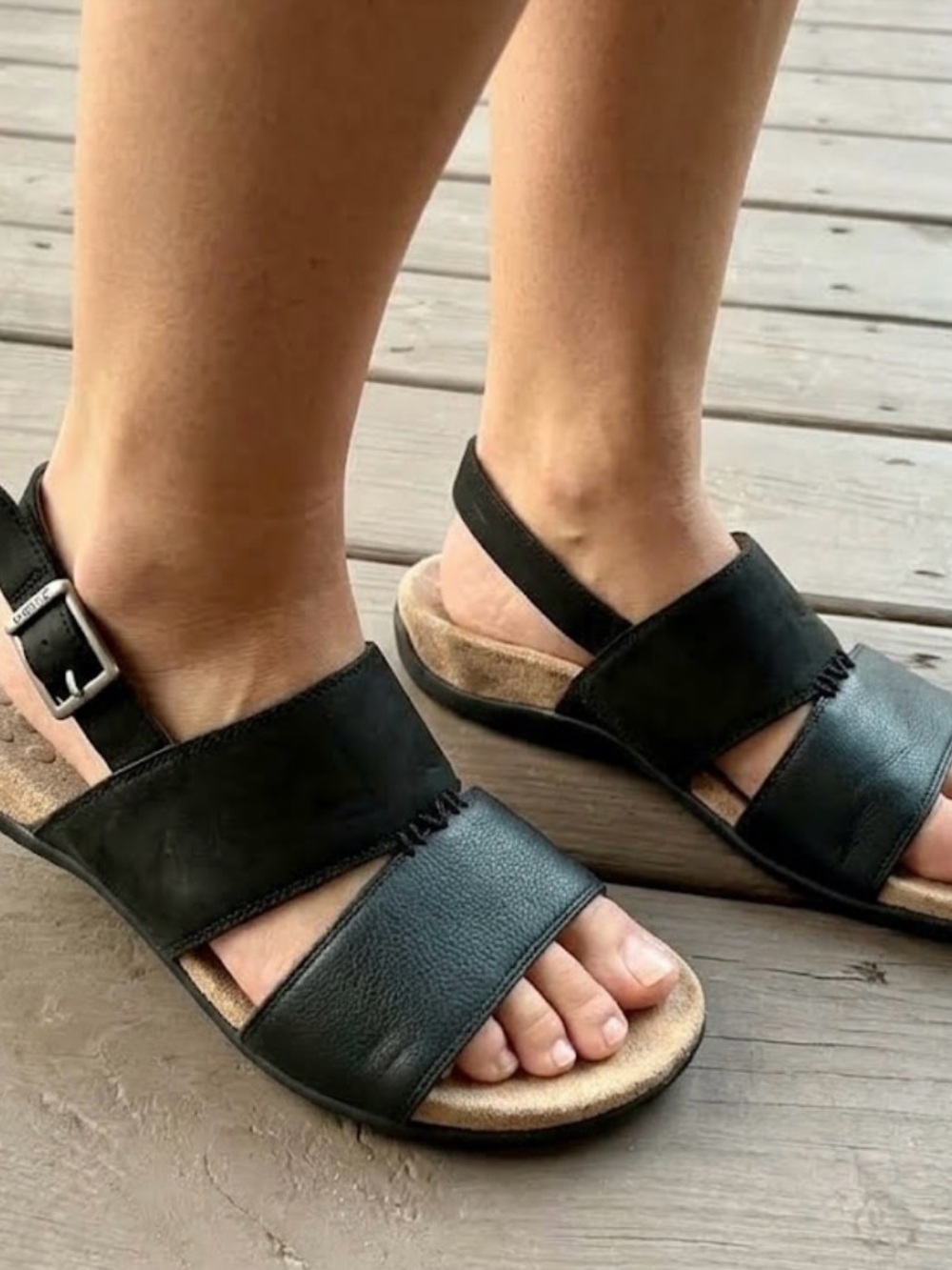Vionic Black Two-Strap Leather Slingback Sandals